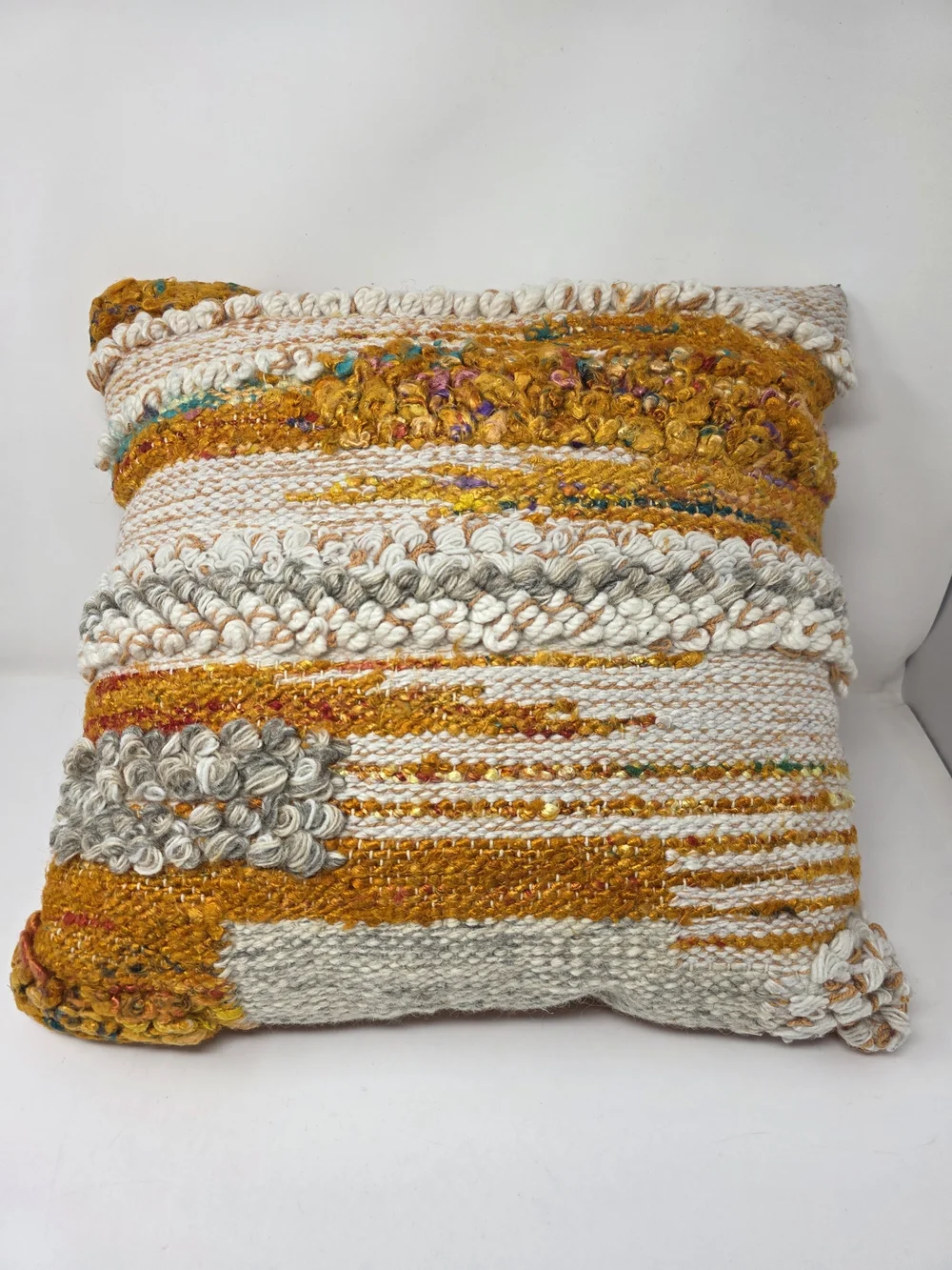 Pier 1 Mustard orange & Cream Textured Throw Pillow yarn/Knit/ Boho 16